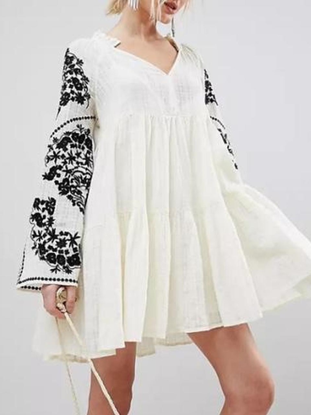 Free People Emerald City Shift Dress Ivory Black Floral Embroidery Sz S Boho